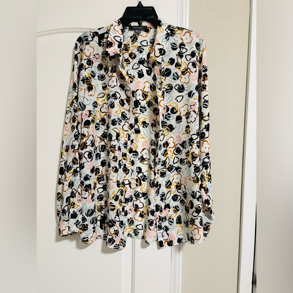 PRIMARK, Floral Blouse Top in White, Black, Pink & Gold, Size 12